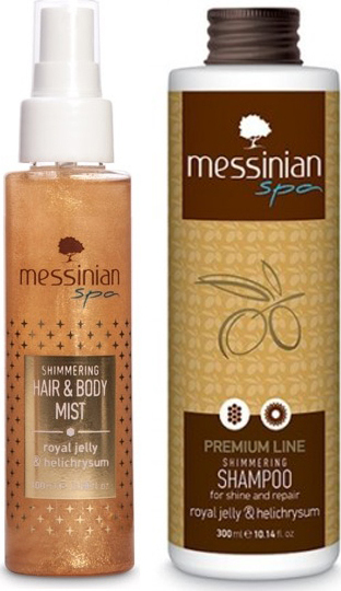 MESSINIAN SPA Everlasting Youth Shimmering Dry Oil with Royal Jelly & Helichrysum 100ml & Premium Line Shimmering Shampoo with Royal Jelly & Helichrysum 300ml.