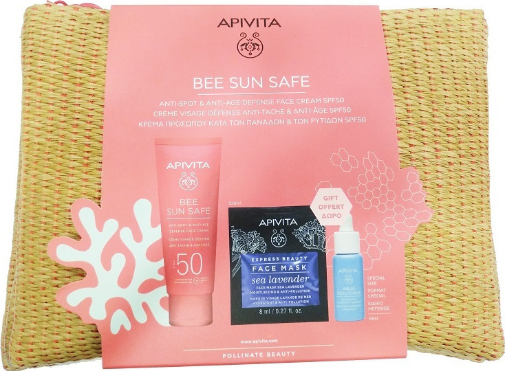 APIVITA Bee Sun Safe Anti Spot Anti Age Defence Face Cream SPF50 50ml, Aqua Beelicious Refresing Hydrating Booster 10ml,Express Beauty Face Mask Sea Lavender 2x8ml & Ψάθινο Νεσεσέρ