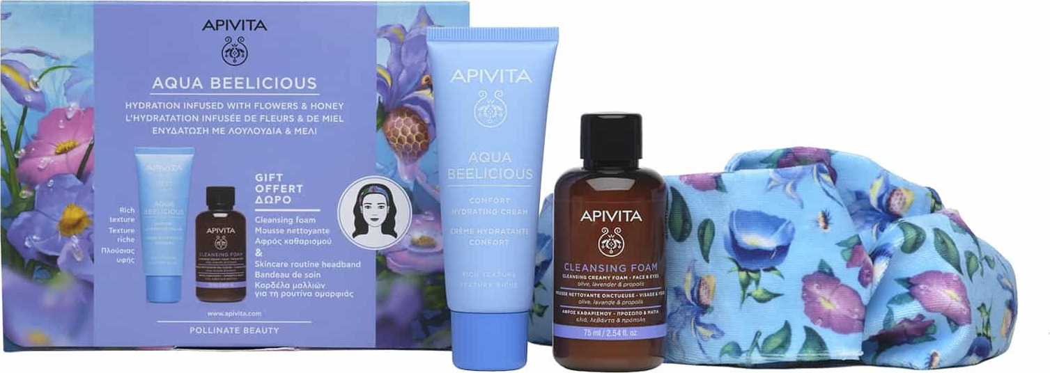 APIVITA Aqua Beelicious Comfort Hydrating Cream Rich Texture 40ml, Cleansing Foam 50ml & Hair Band